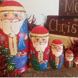 5 Piece Wooden Santa Nesting Doll Winter Christmas Russian - NEW